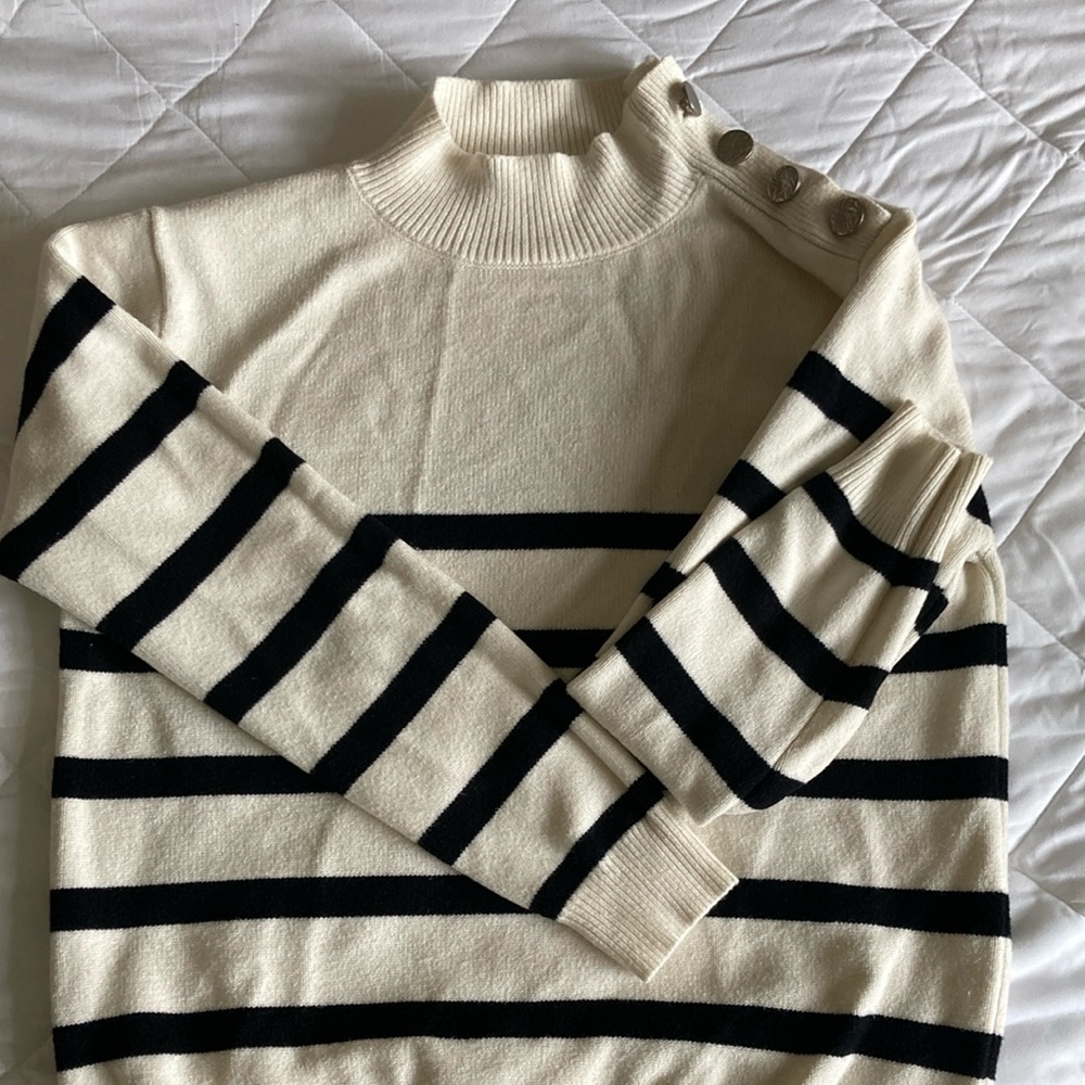 Striped Cream and Black Sweater with Button Detail
